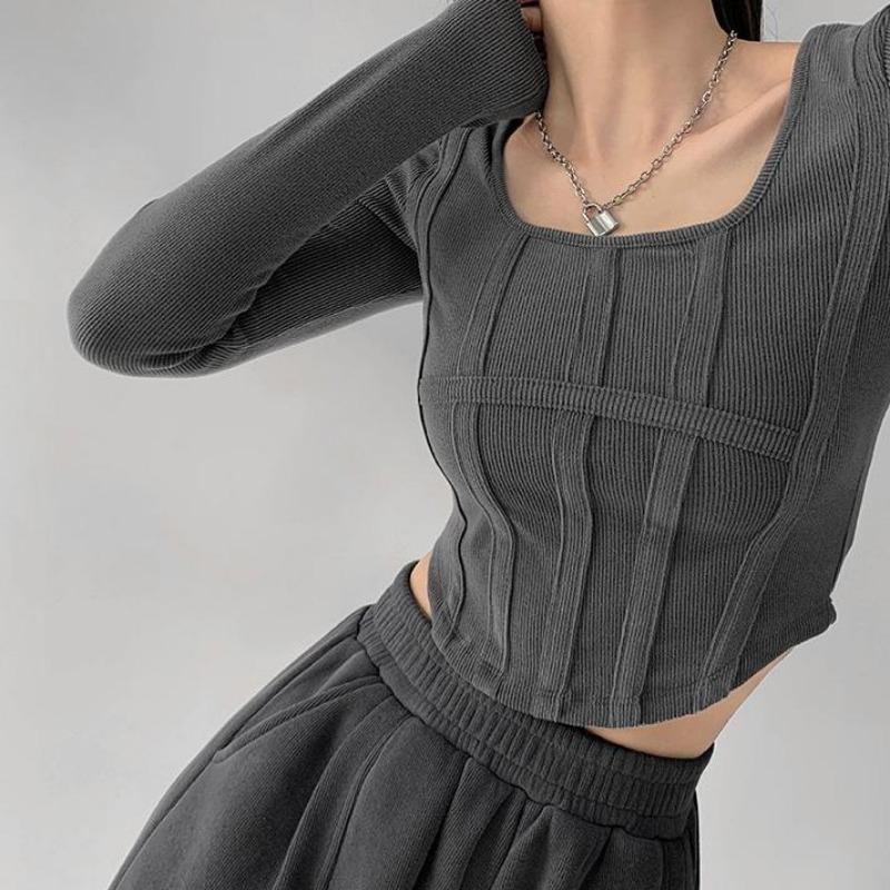 2KWEIRD Y2k T-Shirt Mädchen Crop Tops Frühling Damen Langarm O-Ausschnitt Baumwollshirts Bustier Harajuku Pullover Streetwear Allround-T-Shirt