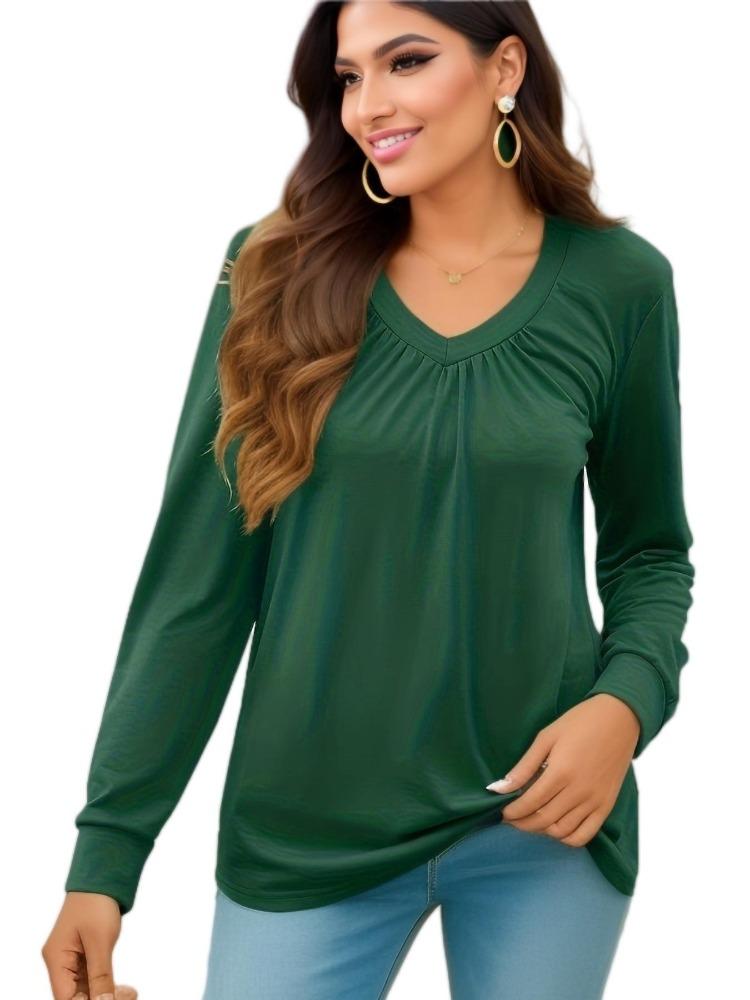 Casual Pleated V Neck Long Sleeve Blouses for Women Spring Summer