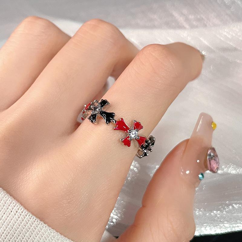 Personalized Red Enamel Dripping Oil Big Love Cross Open Ring Fashion High Sense Index Finger Ring Jewelry