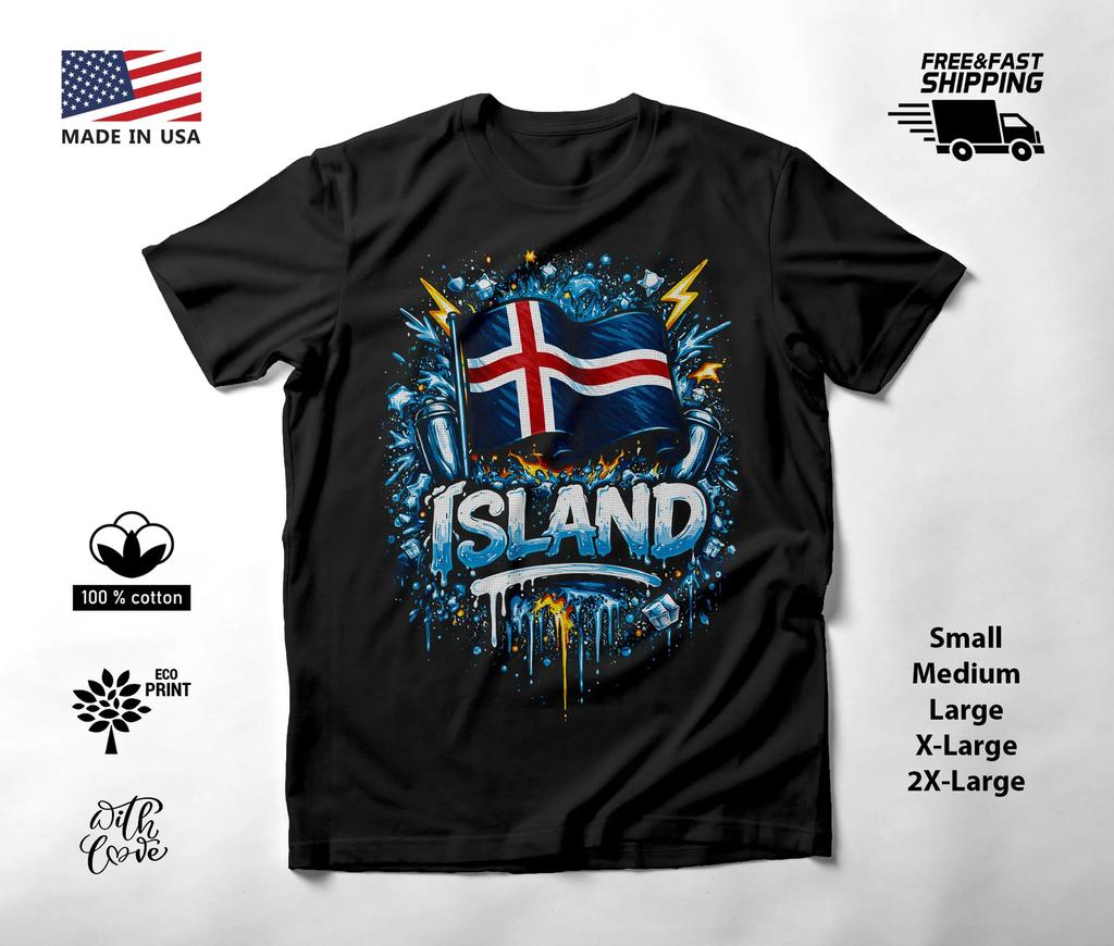 Iceland Flag Graffiti Graphic T-Shirt Black Unisex S-2XL