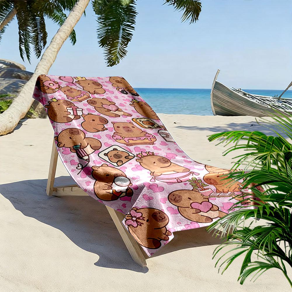 Cute Capybara and Hearts Pattern Beach Towel Quick-drying for Travel Outdoor Sports Jogging Beach and Swimming