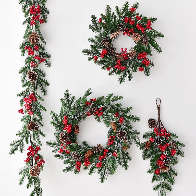 NUCHI Christmas Wreath with PE Leaves, White Pine Cones, and Red Berries - Door Hanging Ornament and Holiday Decoration