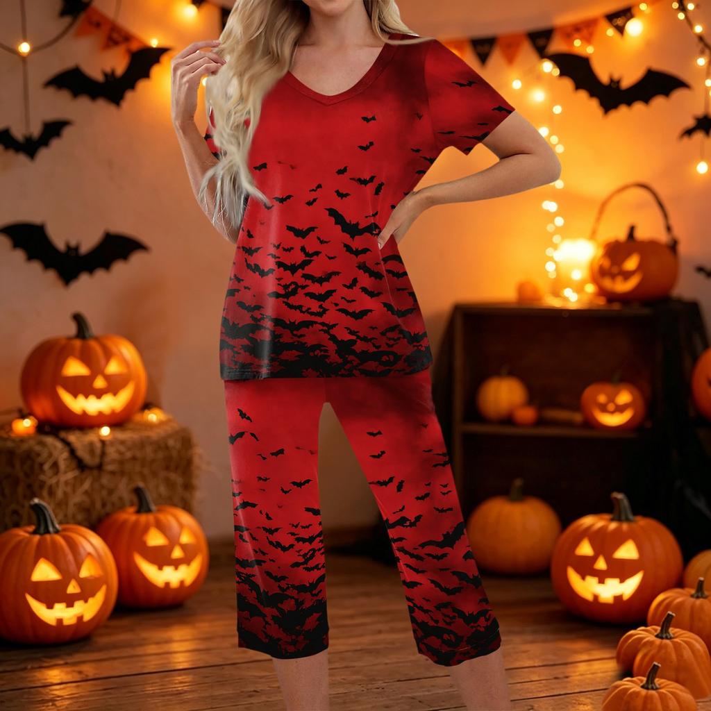 Women Two Piece Set Halloween Print Short Sleeve Top Seven Quarter Pants Casual Lounge Pajama Set for Daily Wear