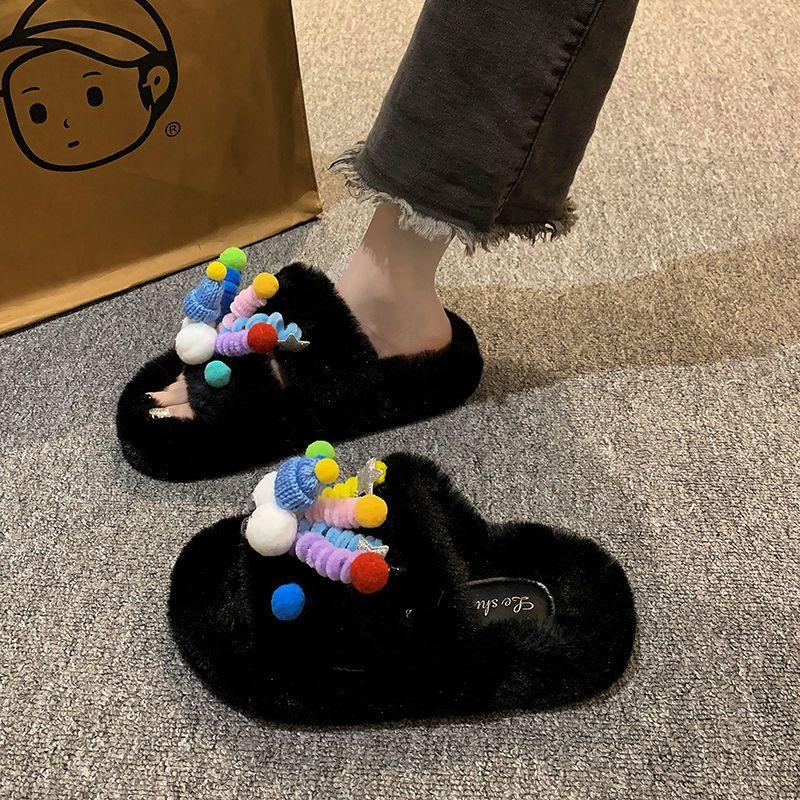 Sandals Size Cute Cartoon Fur Slippers Women Autumn Winter New Outdoor Wear Office Indoor Cotton Slippers