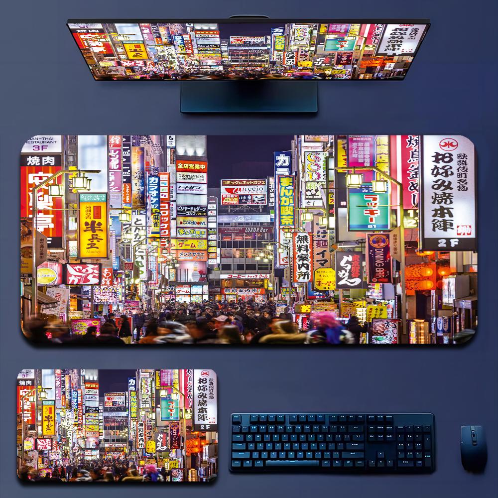 Japan Aesthetics Purple Neon City In Stocked Laptop Gaming Mice Mousepad Size for large Edge Locking Game Keyboard Pad