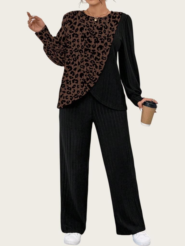 Dámská pletená souprava s barevným potiskem a rovnými kalhotami, nadměrná velikost