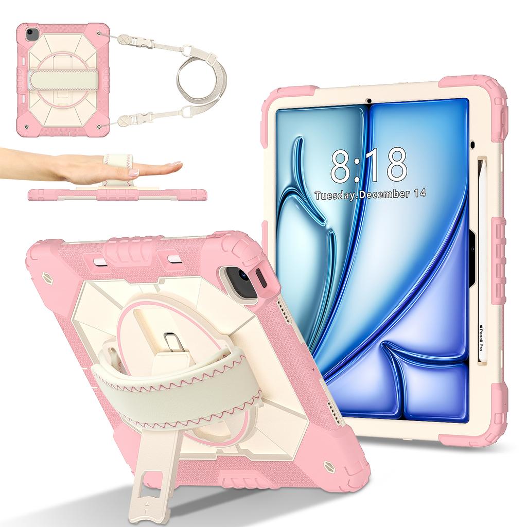 For iPad Air 13 (2025)/(2024) Case Silicone + PC Kickstand Tablet Cover with Handy Strap, Shoulder Strap
