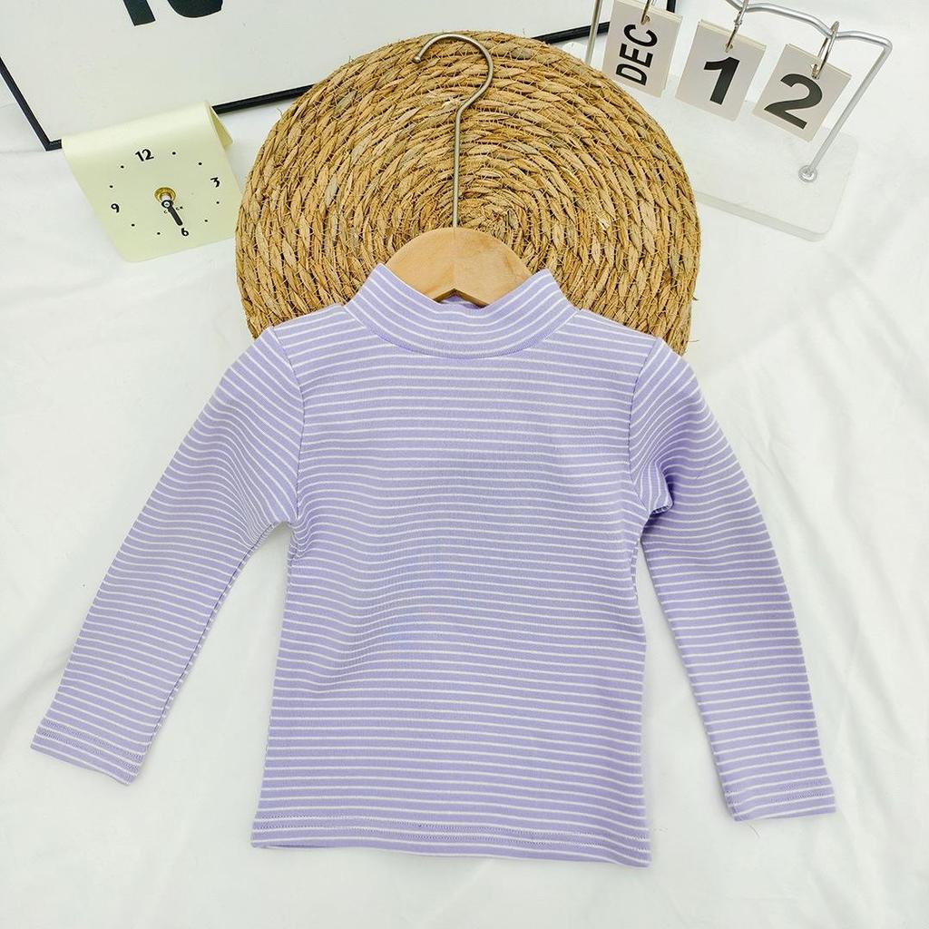 Kids' and Parents' Striped Long Sleeve T-shirt - Semi-High Collar Elastic Layer for Autumn/Winter