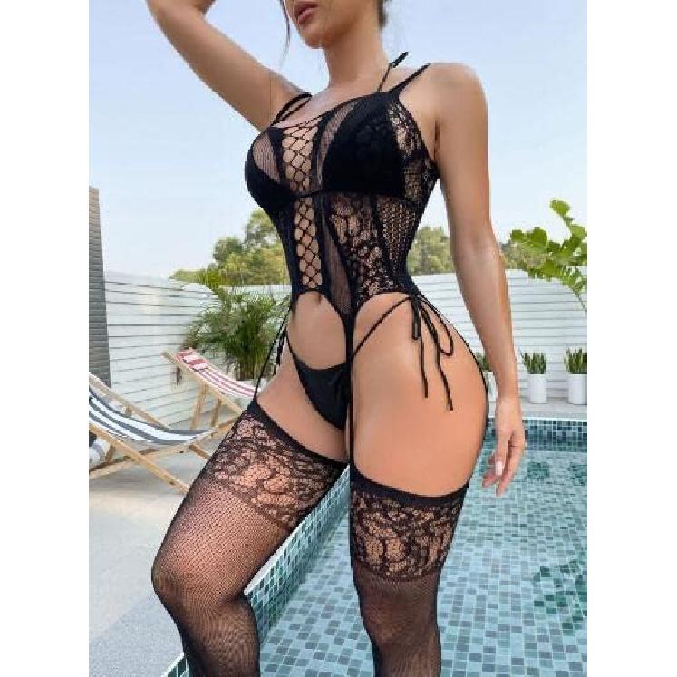 Women Sexy Lingerie Fishnet Bodystocking Babydoll Chemise Halter Nightwear Mini Teddy See Through Lace Body Stockings