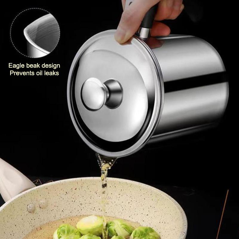 1Pc Stainless Steel Oil Filter Cup Durable Oil Pot With Built In Filter Easy To Invert Leakproof & Convenient Kitchen Gadgets