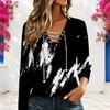 Women Plus Size V Neck Long Sleeve Printed Eyelet Chain Lace Up Top