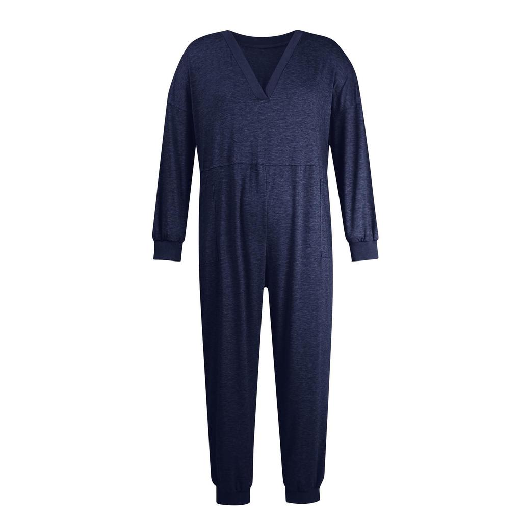 Women's Fashion Loose Casual Long Sleeve V-Neck Solid Colour Pocket Jumpsuit