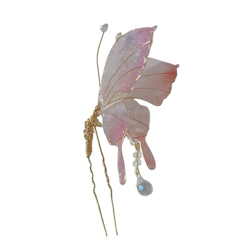 Tassels Hair Accessory with Luxurious Embellishment Elegant Butterfly Shape Hairpin Fashion Hair Stick розовый