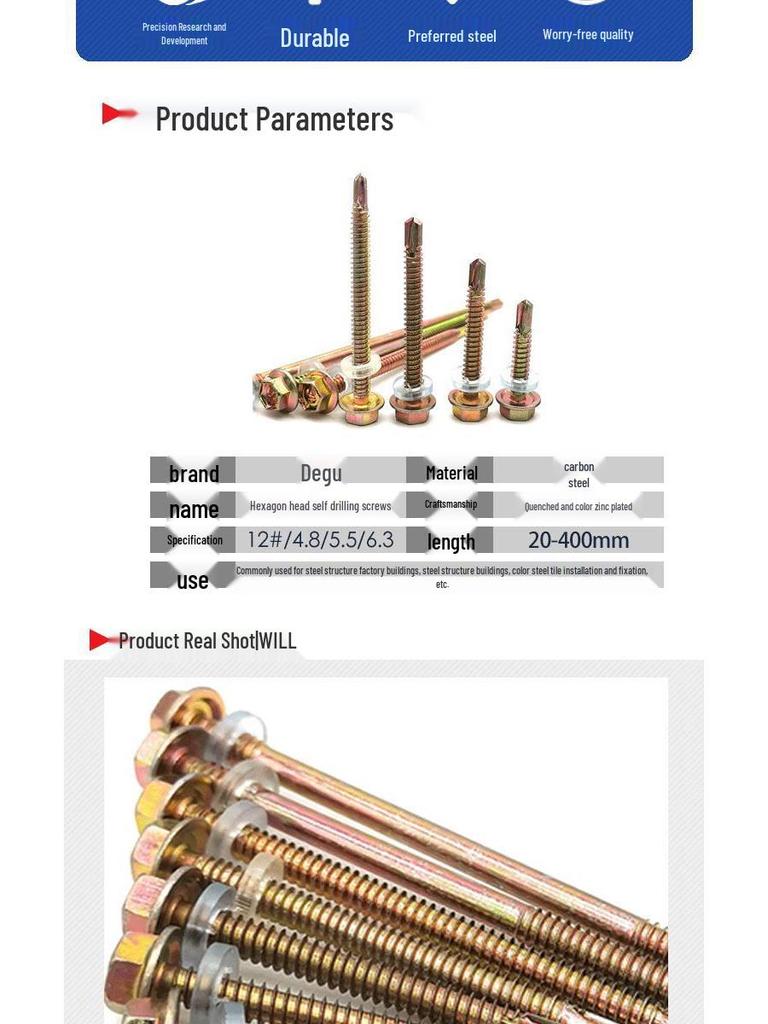 Sechskant-Selbstbohrschraube für Farbstahl und Dachziegel aus Harz mit verlängerter Bohrspitze