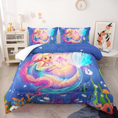 Colored Mermaid Girl Bedding Duvet Cover for Baby Kids Children,Pink Blue Cartoon Mermaid Girl Princess Polyester Quilt Coverset