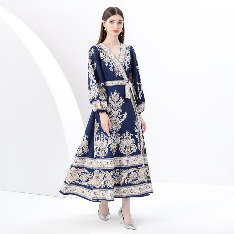 Spring Summer Women V-neck Big Size Vintage Print Lantern Sleeve Midi Lace-up Party Dresses Robe