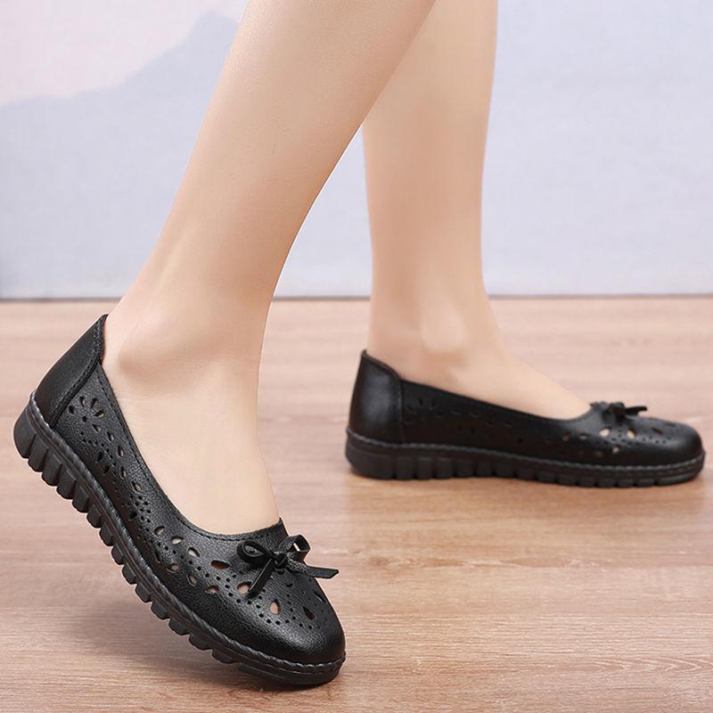 Été nouvelles chaussures en cuir moyennes et âgées sandales confortables antidérapantes chaussures à trous respirantes creuses en cuir souple pour femmes semelle souple chaussures de mère