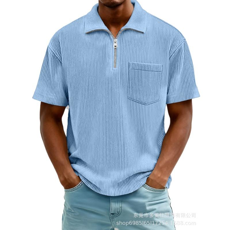 Mens Casual Solid Color Half Zip Short Sleeve Polo Shirt