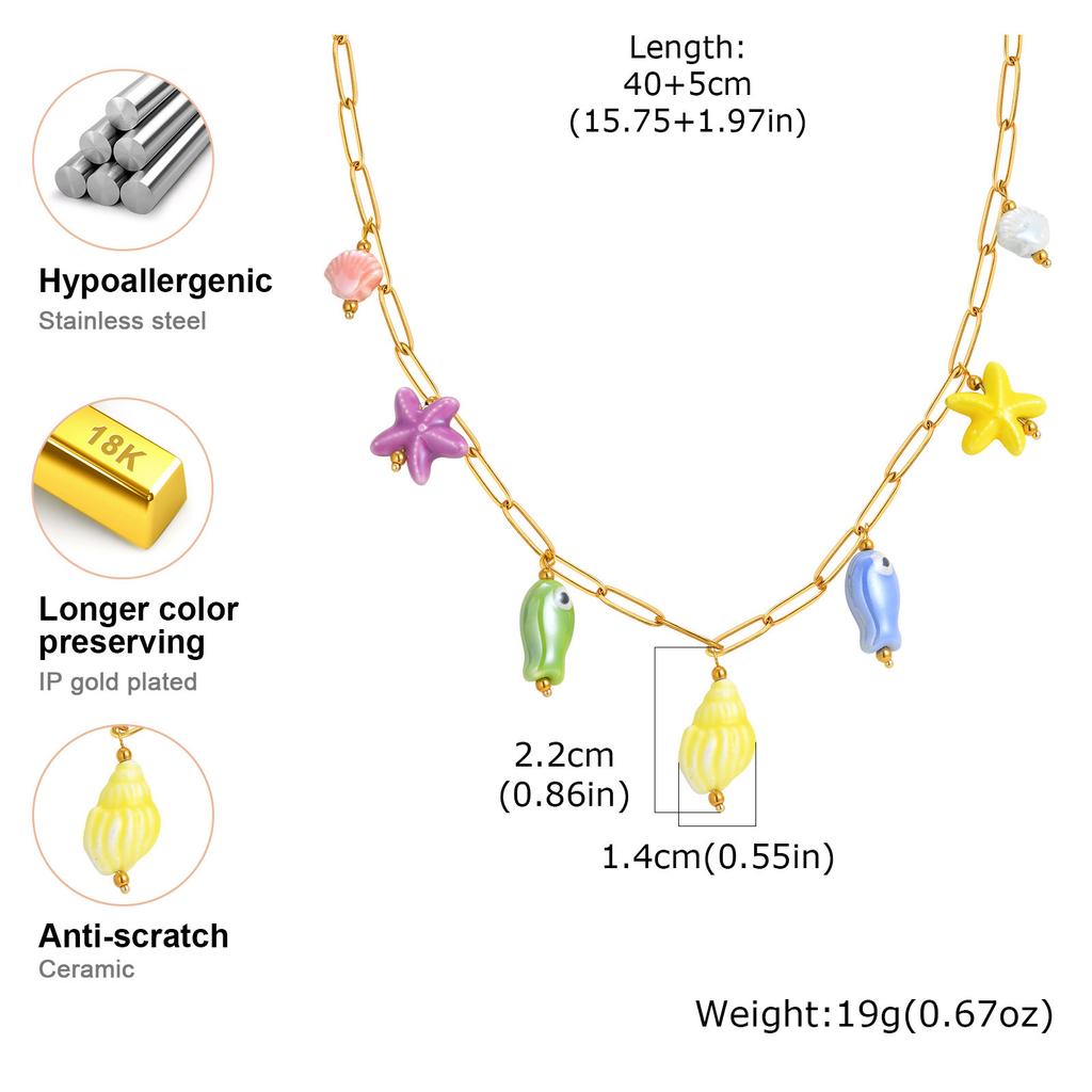 Ceramic Starfish Fish Conch Dolphin Drop Y2K Necklace, Women's Stainless Steel Chain Adjustable, Notarnish Resistant Jewelry