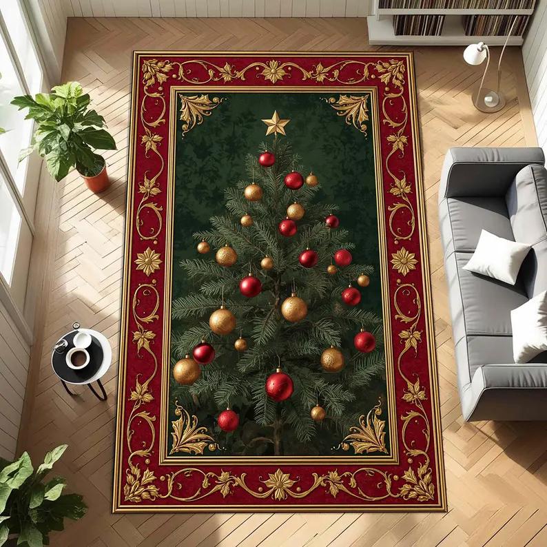 Christmas Tree Area Rug Red Gold Ornaments On Green Background Halloween Pumpkin Ghosts Rug Classic Holiday Rug for Xmas Decor