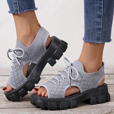 Plateausandalen Damen 2024 neu Obermaterial Schnürung atmungsaktives Mesh Fly-Woven Sportsandalen lässige Damenschuhe
