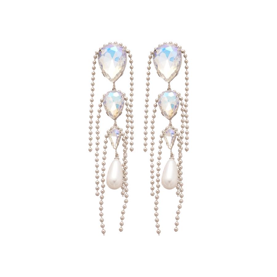 Silbernadel Luxuriöse Diamantbesetzte Imitationsperlen Tropfen Quaste Ohrringe - Elegantes Europäisches & Amerikanisches Hängeaccessoire.
