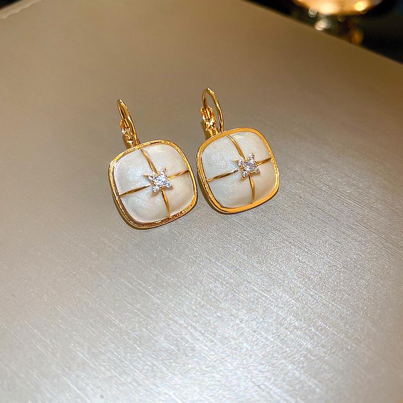 Zircon square oil drop ear buckle French niche design earrings fashion high-end earrings