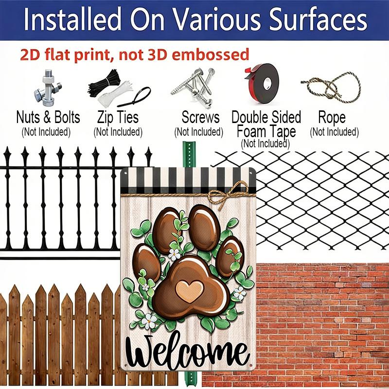 2D Flat Dog Paw Print Welcome Metal Sign, 8×12 Inch Aluminum Wall Art, Rustic Farmhouse Design with Greenery & Plaid, Durable Decor for Pet Lovers