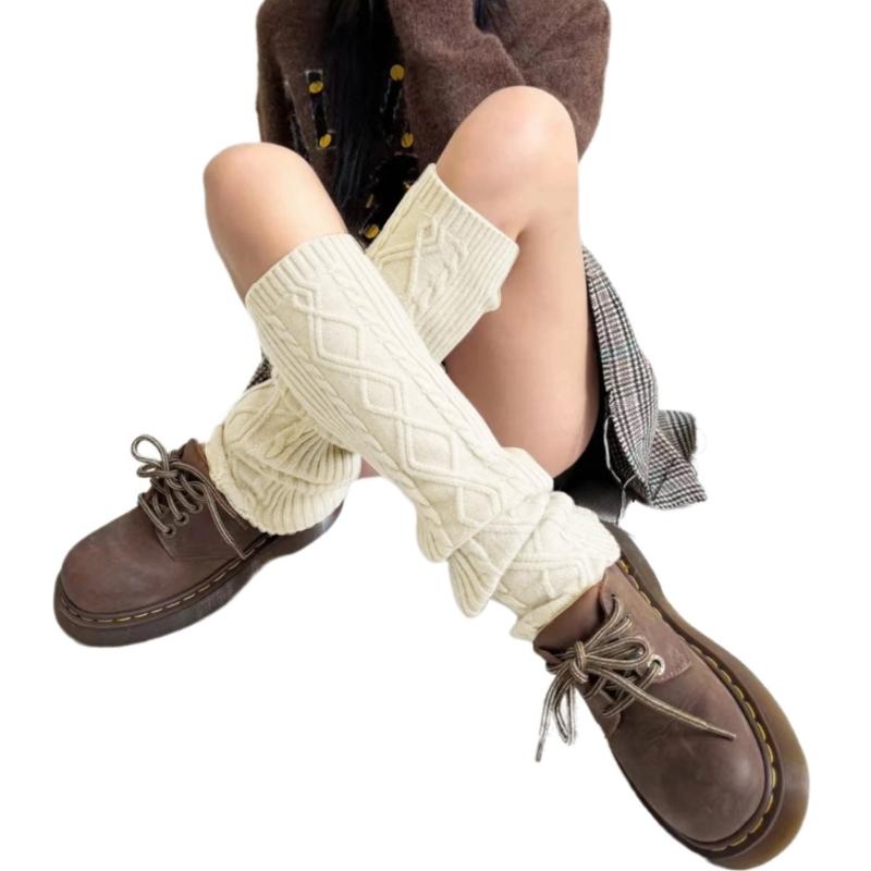 Fashion Rhombus Pattern Wool Leg Covers Cable Knitted Leg Warmers for Cold Weather Footless Long Boot Socks Hosiery