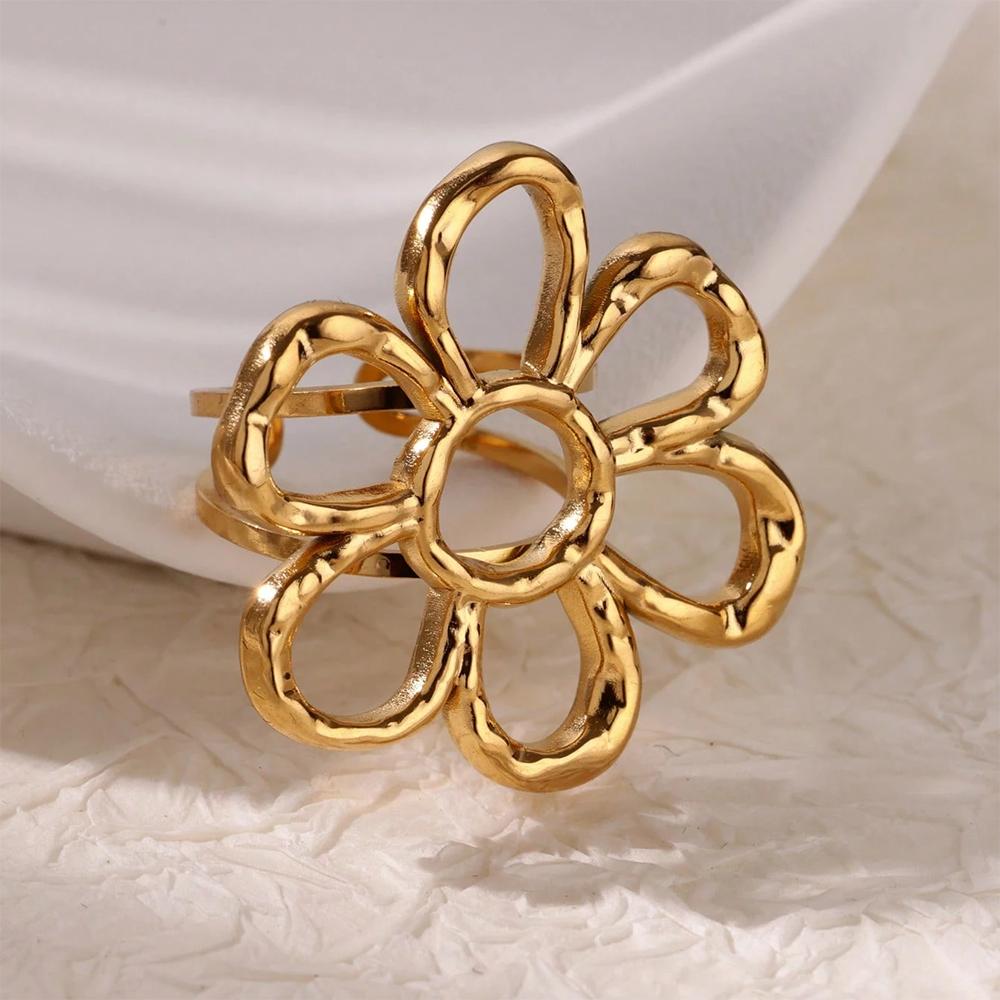 Elegante Edelstahl-Großblüten-Ringe für Damen, Goldfarbe, Sonne, Seestern, Offener Ring, Fingerschmuck, Hochzeit, Ihr Geschenk, Punk