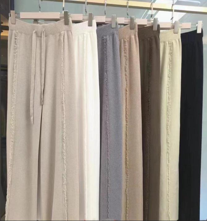 

Autumn New Drapey Slimming Floor-Length Pants with Elastic Waist, Drawstring, Straight Leg, Tassel Raw Edge, Knit Style for Women. One Size [80-120]