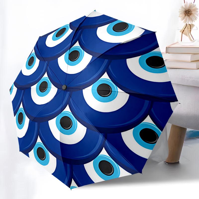 1PC Turkish Devil's Eye Folding Umbrella Auto-Open Design 8 Iron Ribs Plastic Handle Foldable Sunshade Perfect Christmas Gifts