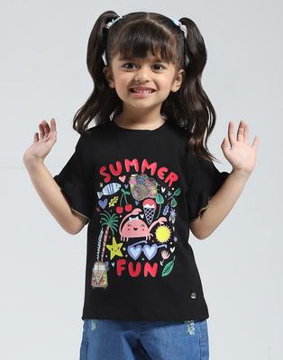 Girls Printed Round Neck Half Sleeve Top