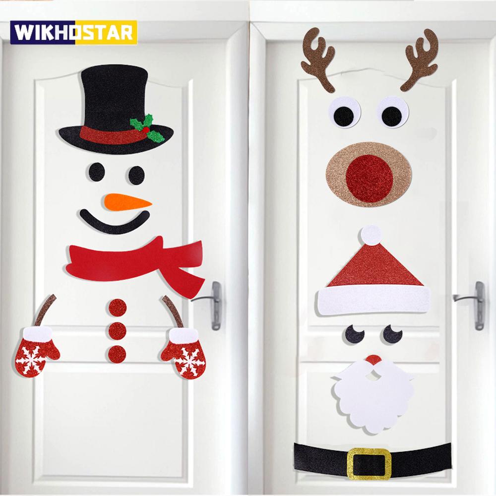 Vánoční samolepky na dveře a okna Plstěná látka Kreslený sněhulák Santa Claus Los Nástěnná samolepka na zimu Vánoce Noel nový rok Dekorace Nálepka