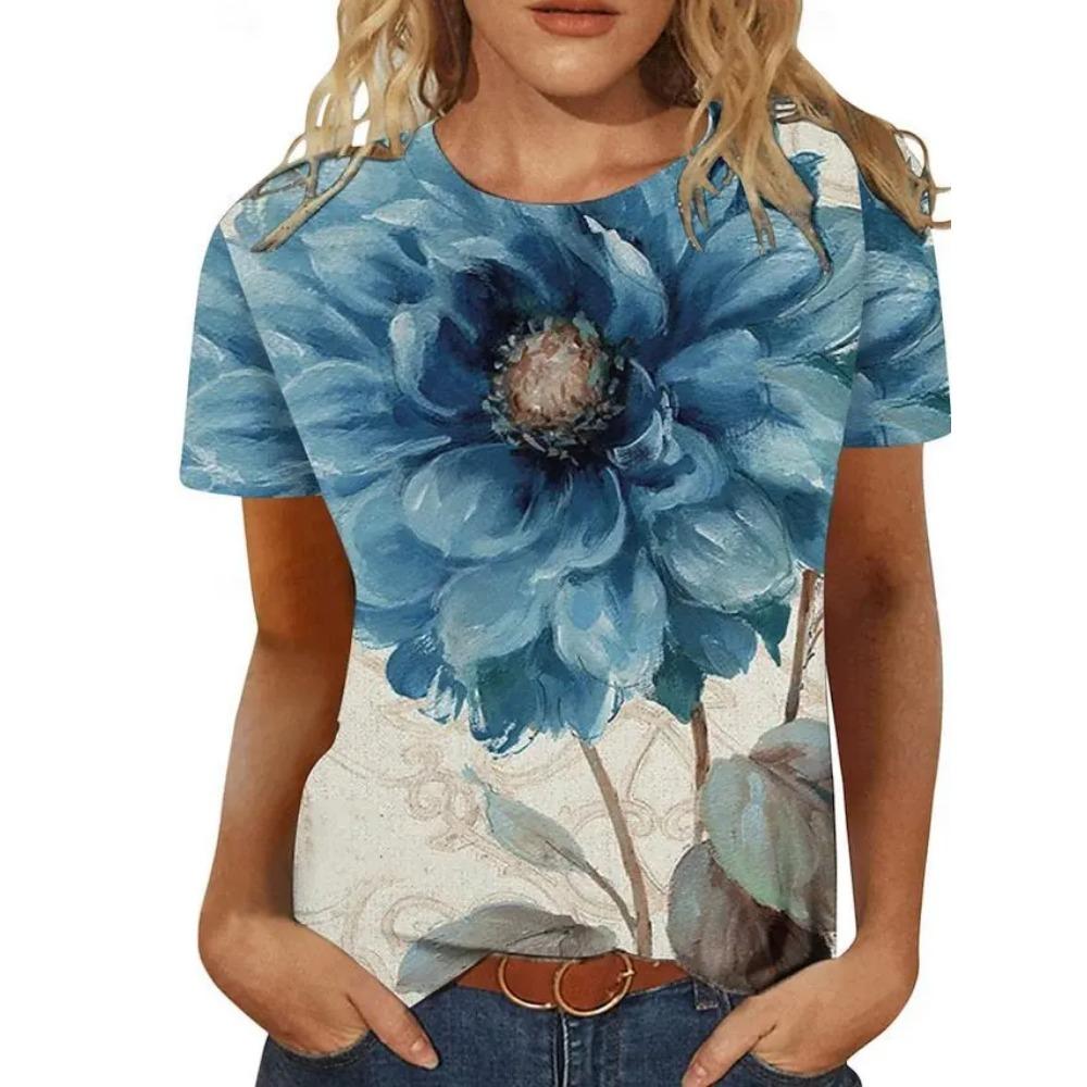 Fashionable Flower Print 3D Printed Women's New Round Neck Short Sleeved T-shirt