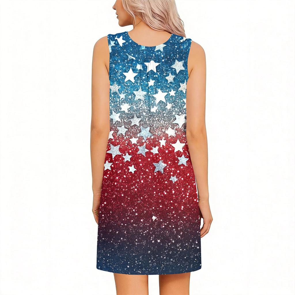 Sleeveless Loose Fit Star Print Dress Women’s Casual Tank Style Summer Dress with Side Slit and Gradient Pattern Design