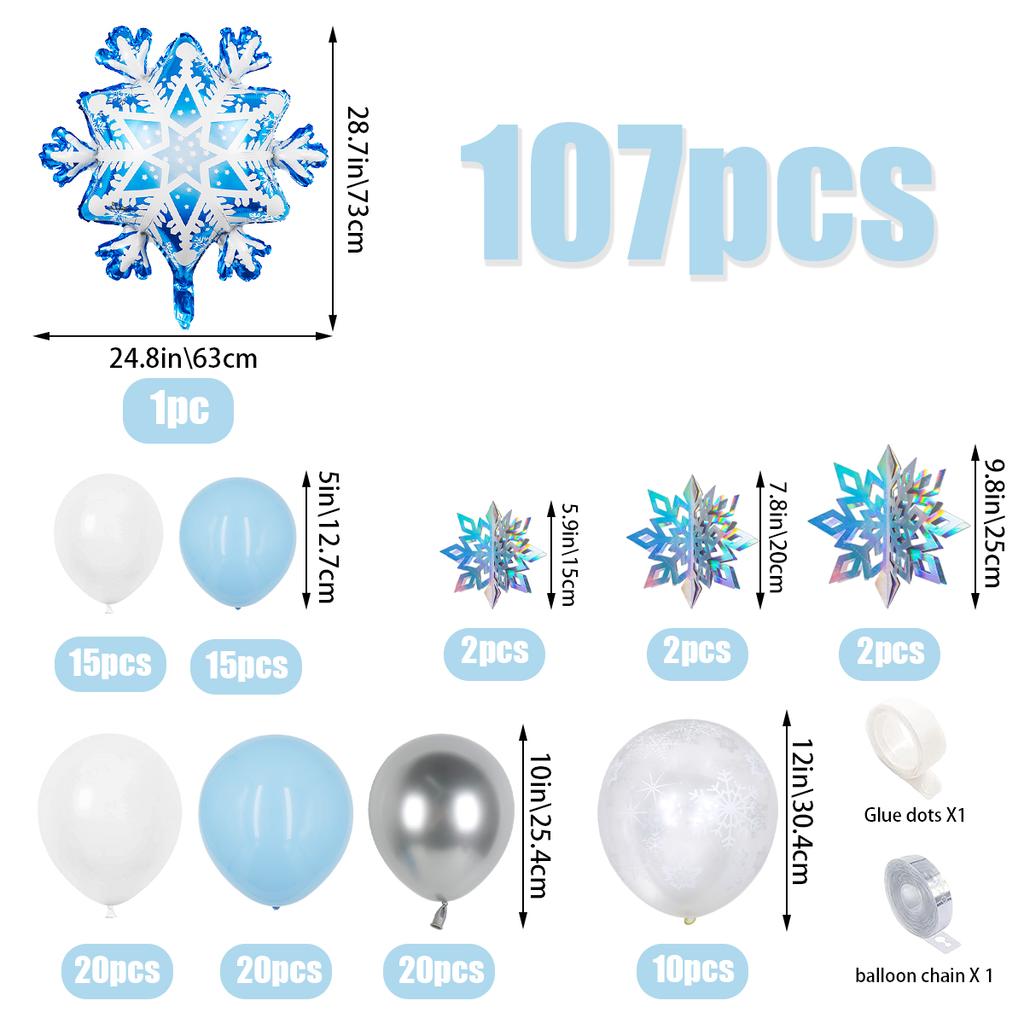 107pcs Froze balloon arch garland kit, snowflake balloons, colorful snowflake decorations, Christmas party, holiday party