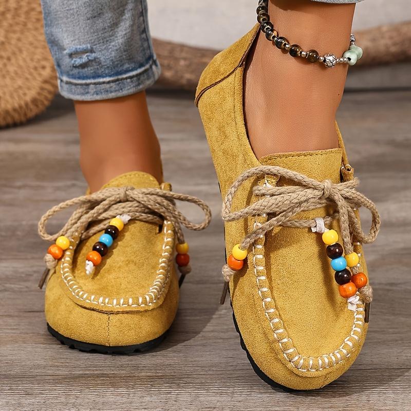 Boho Beaded Fringe Lace-Up Penny Loafers for Women , Tassel Loafers, Ladies Loafers