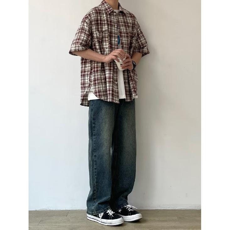 Kariertes Hemd Herren Sommer Japanisch Retro Locker Lässig Fünfviertelärmelhemd Amerikanische High Street Trendmarkenjacke