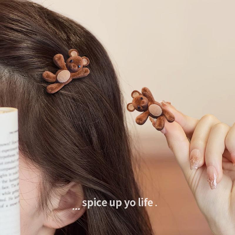 Korean Cute Brown Flocked Bear Hair Clip for Bangs