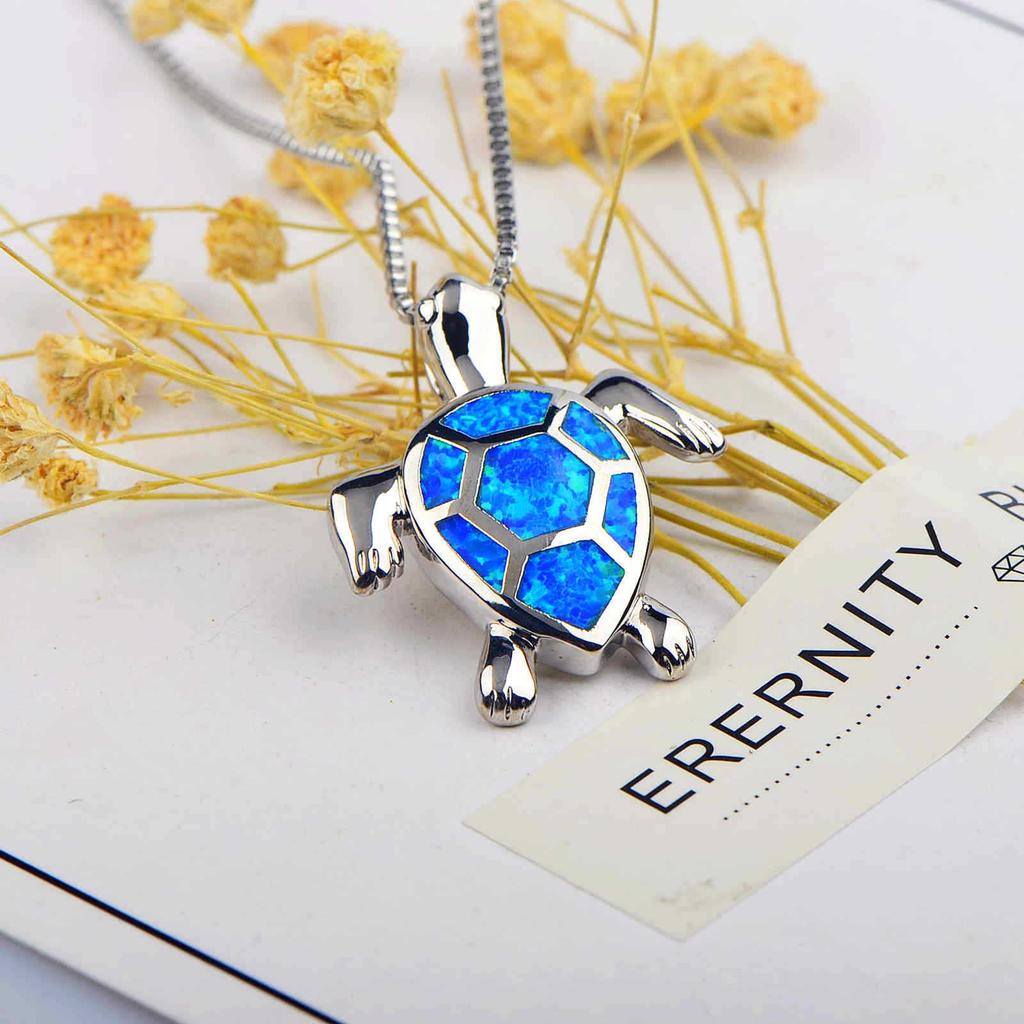 Aobao Blue Opal Turtle Necklace Chain Christian Silver Plated Women's Fashion Pendant Gift Jewelry