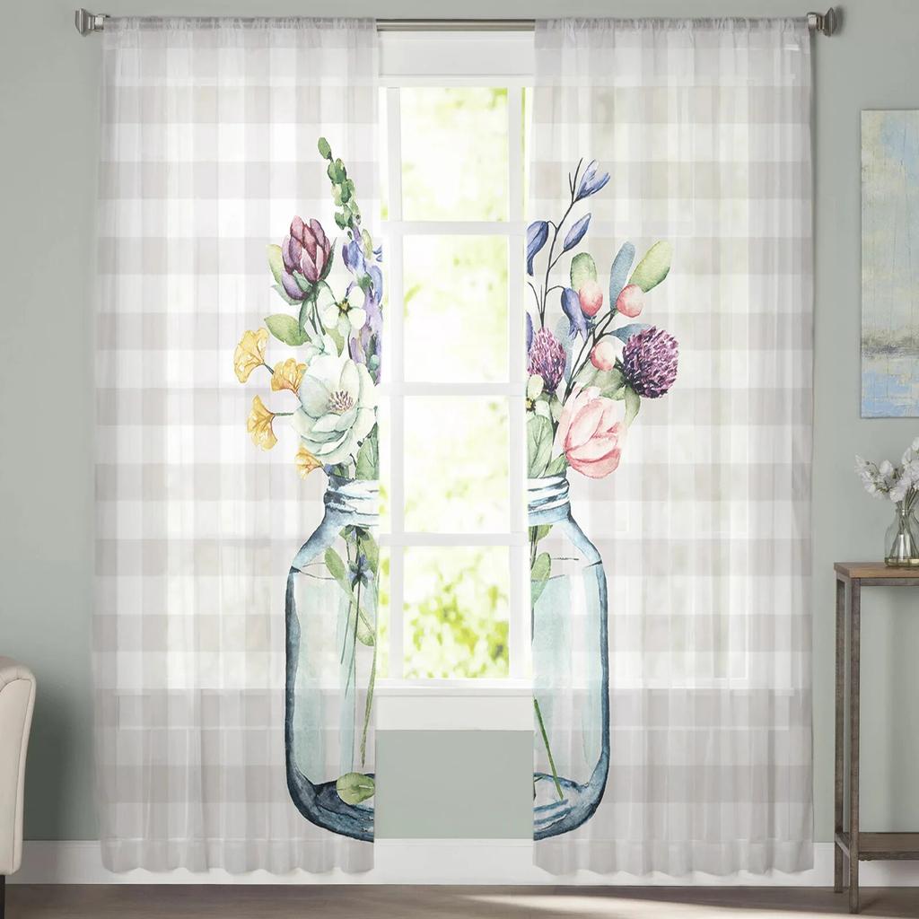 Flower Glass Vase Grey Plaid Sheer Curtain for Living Room Hall Wall Dress Up Home Window Supplies Pop Print Tulle Curtains