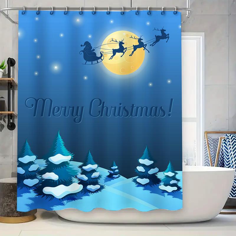 Tu Christmas Shower Curtain Festive Holiday Trees Snowflake Winter Forest Backdrop Waterproof Decor For Bathroom
