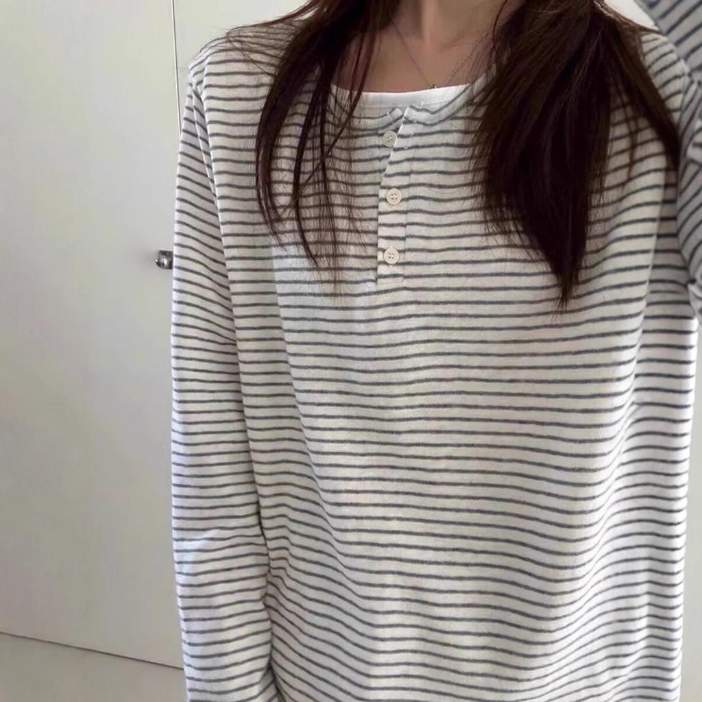 Korean retro front shoulder fake two-piece striped long-sleeved T-shirt women's early autumn loose design bottoming shirt top