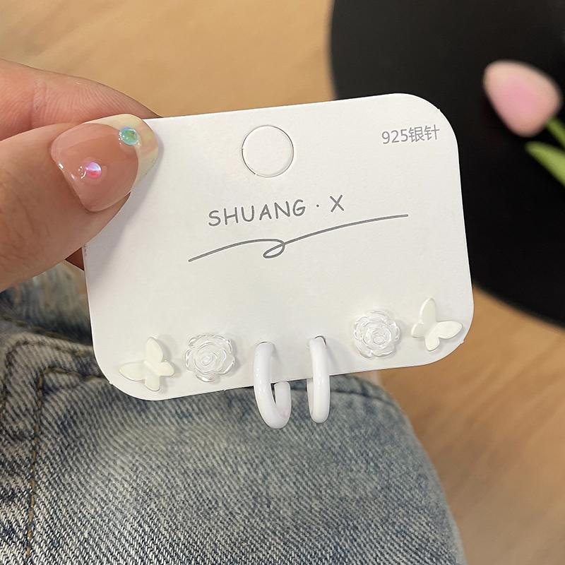 3Pair/Set Korean Pink Heart Butterfly Flower Stud Earrings For Women Girls Sweet Cute Small Circle Piercing Earrings Set Jewelry