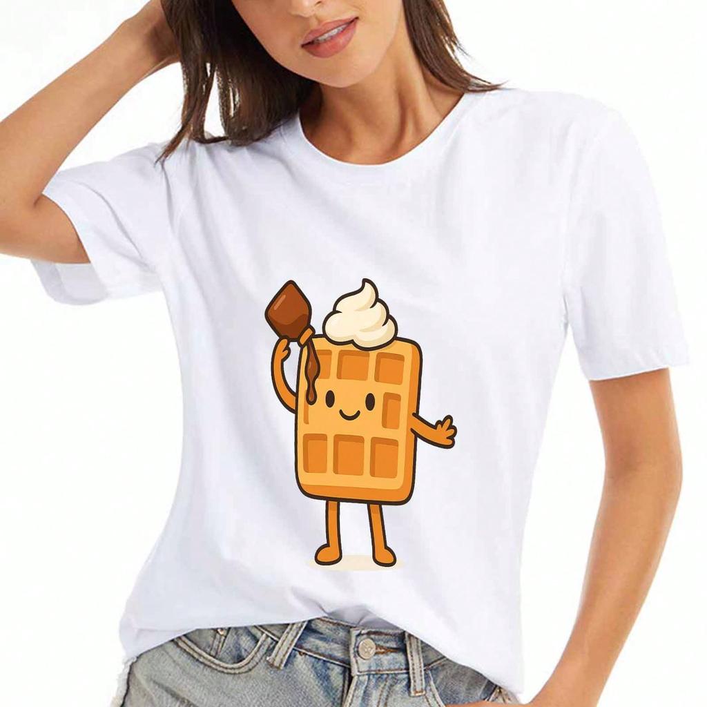 Cartoon Waffle Ladies Cotton T Shirt, Premium Cotton HighQuality Printing, Durable, Casual Fashion, Funny Food Tee, Cute Waffle Graphic TShirt, Carto