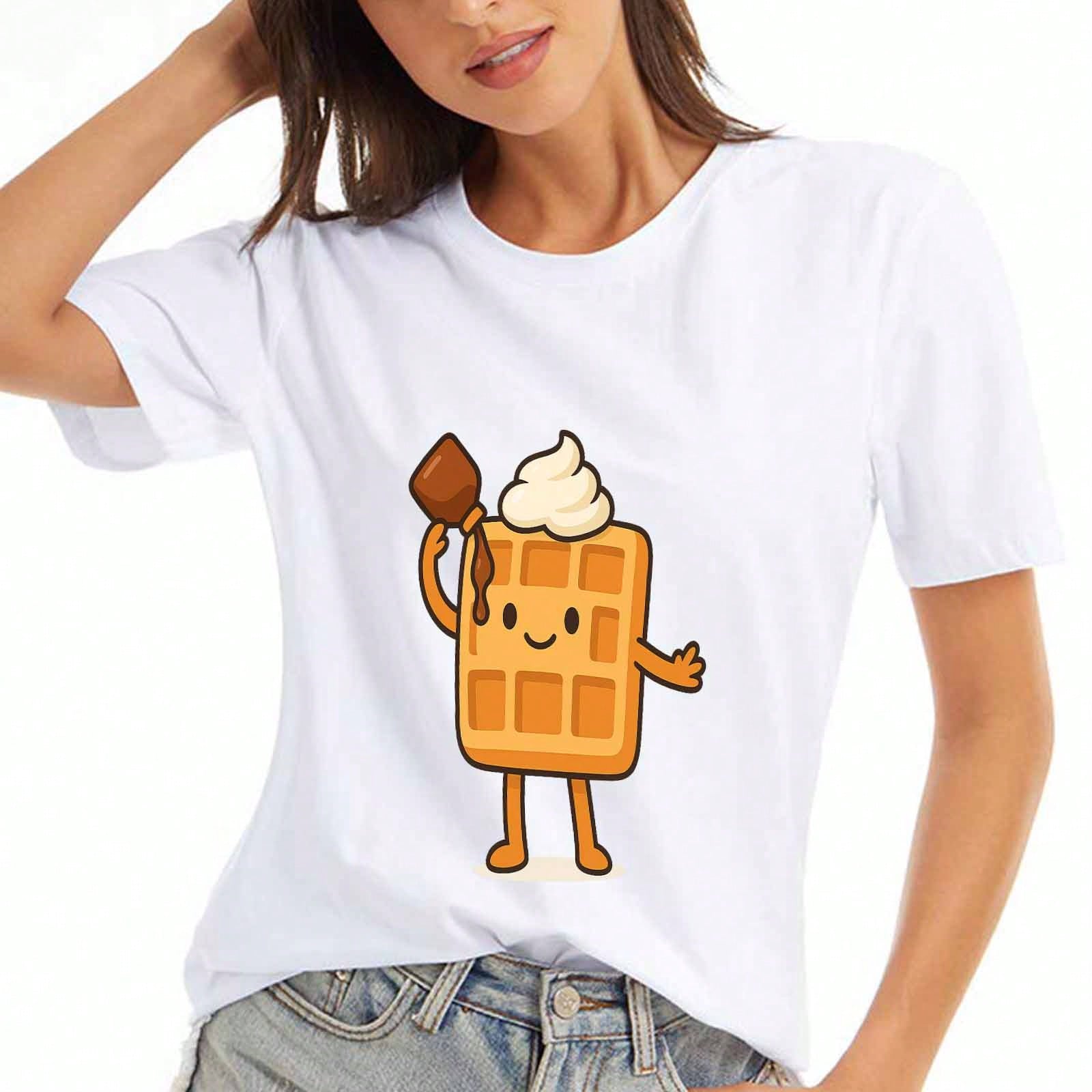 Cartoon Waffle Ladies Cotton T Shirt, Premium Cotton HighQuality Printing, Durable, Casual Fashion, Funny Food Tee, Cute Waffle Graphic TShirt, Carto S разноцветный