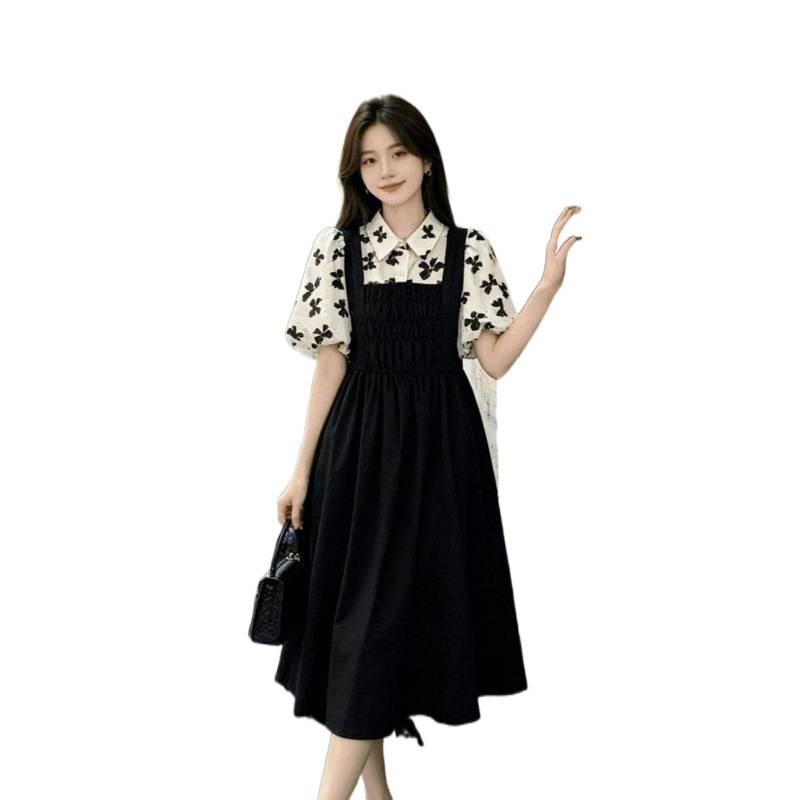 Large Size Fat MM French Elastic Waist Splicing Fake Two-piece College Style Dress Summer Thin Age-reducing Design Skirt