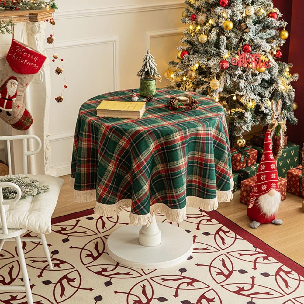 Christmas Tablecloth Round Checkered Fringe Red Green Plaid Vintage Luxury Party Dining Table Cover Decor