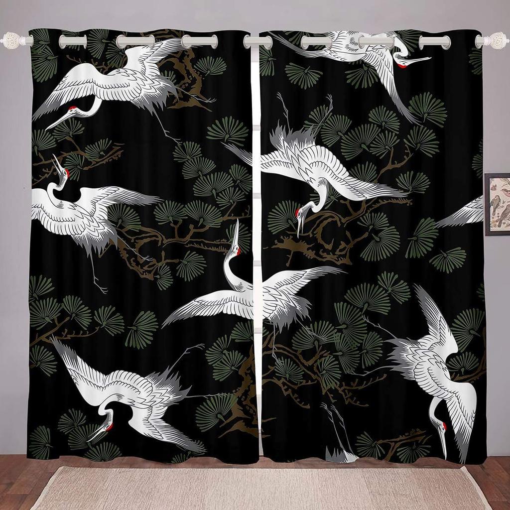 3D Japanese Style Window Treatments Chinese Red-crowned Crane Window Curtains for Bedroom Living Room Home Decor Hooks